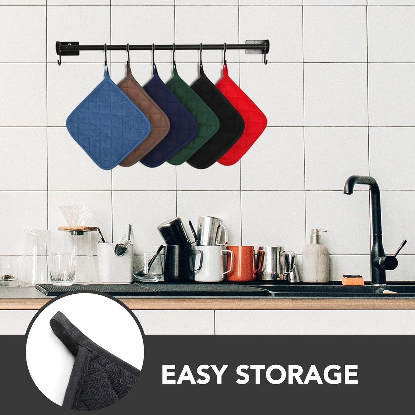 Joyhalo 6 Pack Pot Holders for Kitchen,Cotton Oven Holder with Great Heat Resistance,Non Slip Hot Pads for Kitchen Clearance,Black