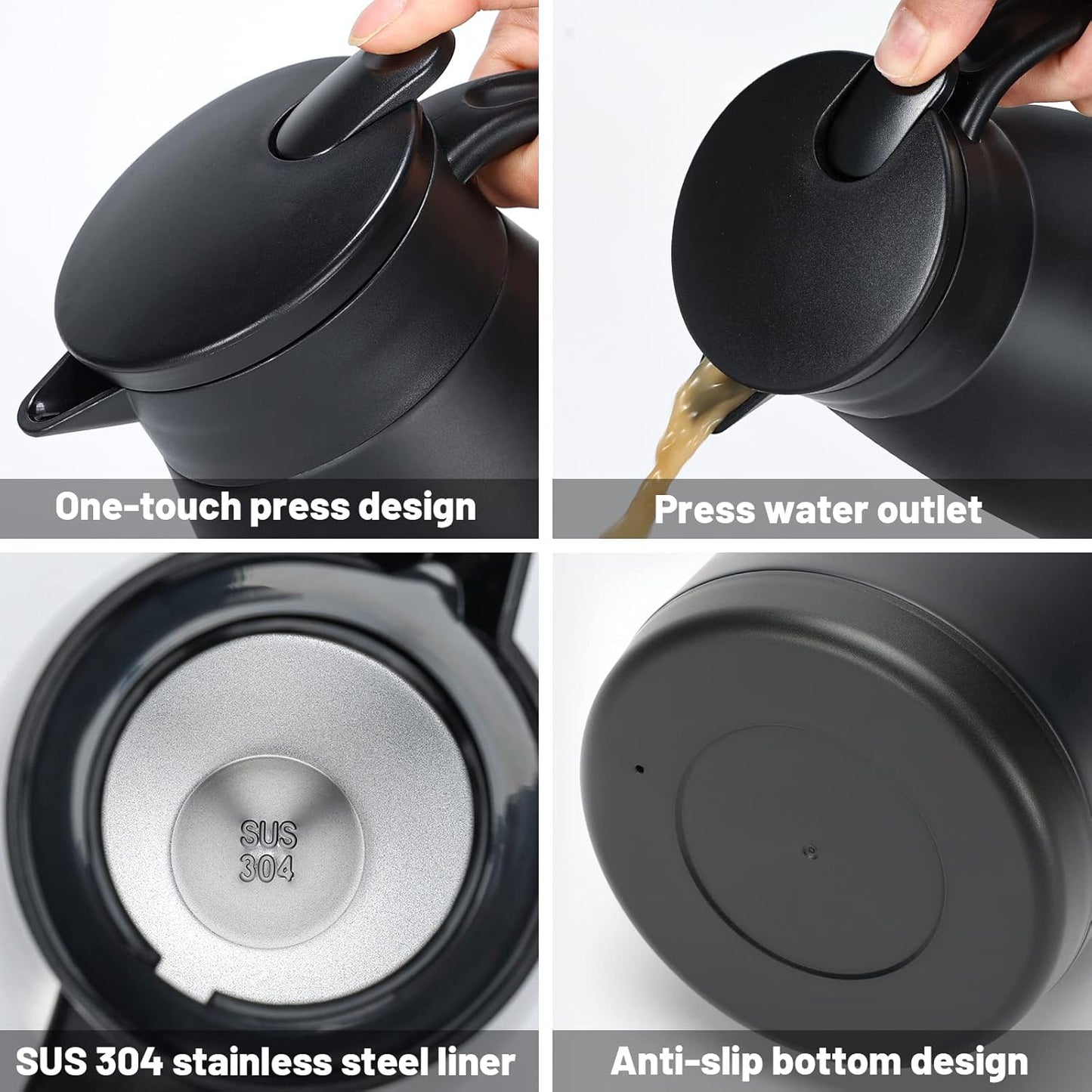 34 Oz Thermal Carafe, Insulated Stainless Steel Coffee Carafes for Keeping Hot Coffee & Tea for 12 hrs and Cold for 24 hrs, 1L/Black