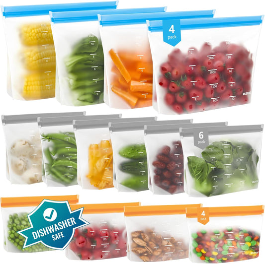 Dishwasher Safe Reusable Storage Bags Stand Up - BPA Free Reusable Sandwich Bags - Leakproof Gallon Freezer Bags, Silicone Food Storage Bags - Multicolor 4 Gallon + 6 Sandwich + 4 Snack Bags