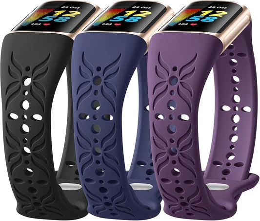 Maledan Slim Engraved Band Compatible for Fitbit Charge 6/Charge 5 Bands Women Men, Elegant Hollow-out Pattern Bracelet Strap Loops Wristbands for Fitbit Charge 5/Charge 6 Fitness Tracker Accessories