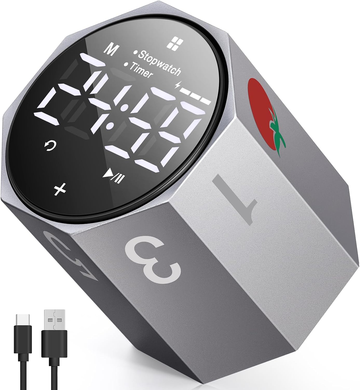 Digital Pomodoro Timer,Frosted Metal Productivity Cube Timer,1.8 in LED Digital Large Screen and Auto-Rotating Display,1/3/5/10/25/30/60min & Custom Time, Silent & Alarm,for Office, Study, Work(Grey)