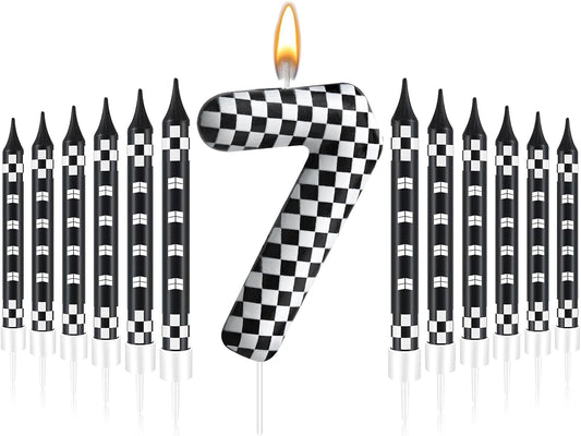13 Pcs Racing Cars Themed Birthday Candles Black and White Race Number 7 Checkered Candle Cake Topper for Racing Car Party Decoration Supplies (Number 7)