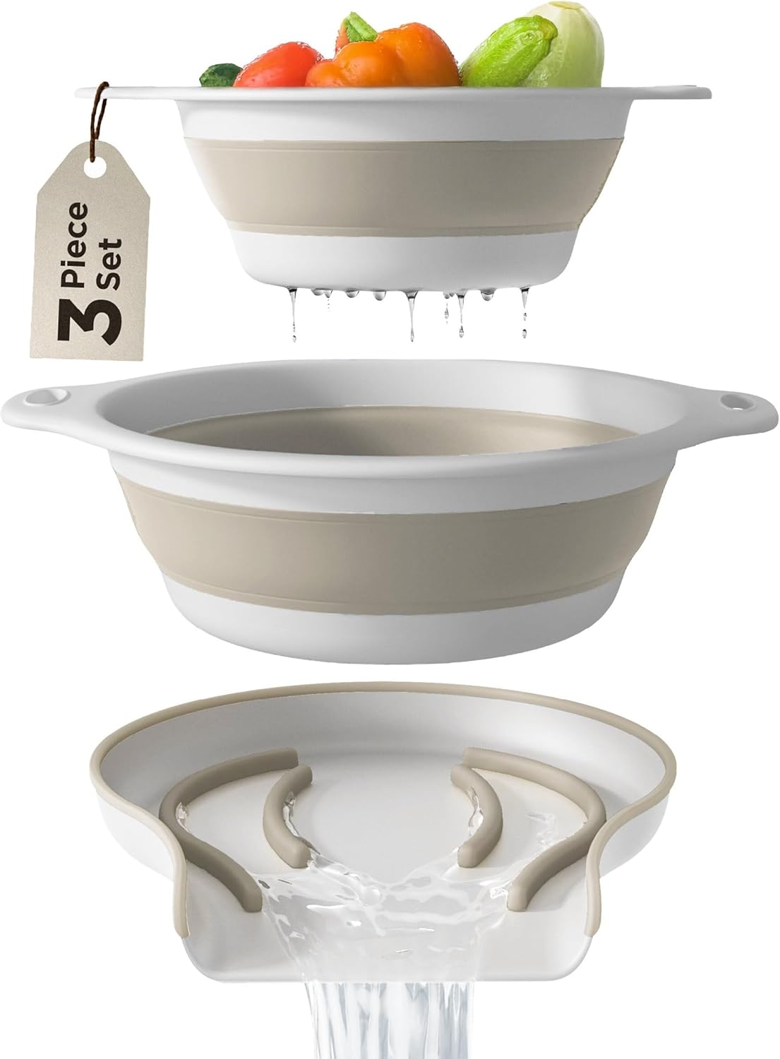 Collapsible Colanders (2 Pack Set) Food Strainers with Over-Sink Water Draining Base for Pasta Fruits and Vegetables (4 and 5 Quart) - White Beige
