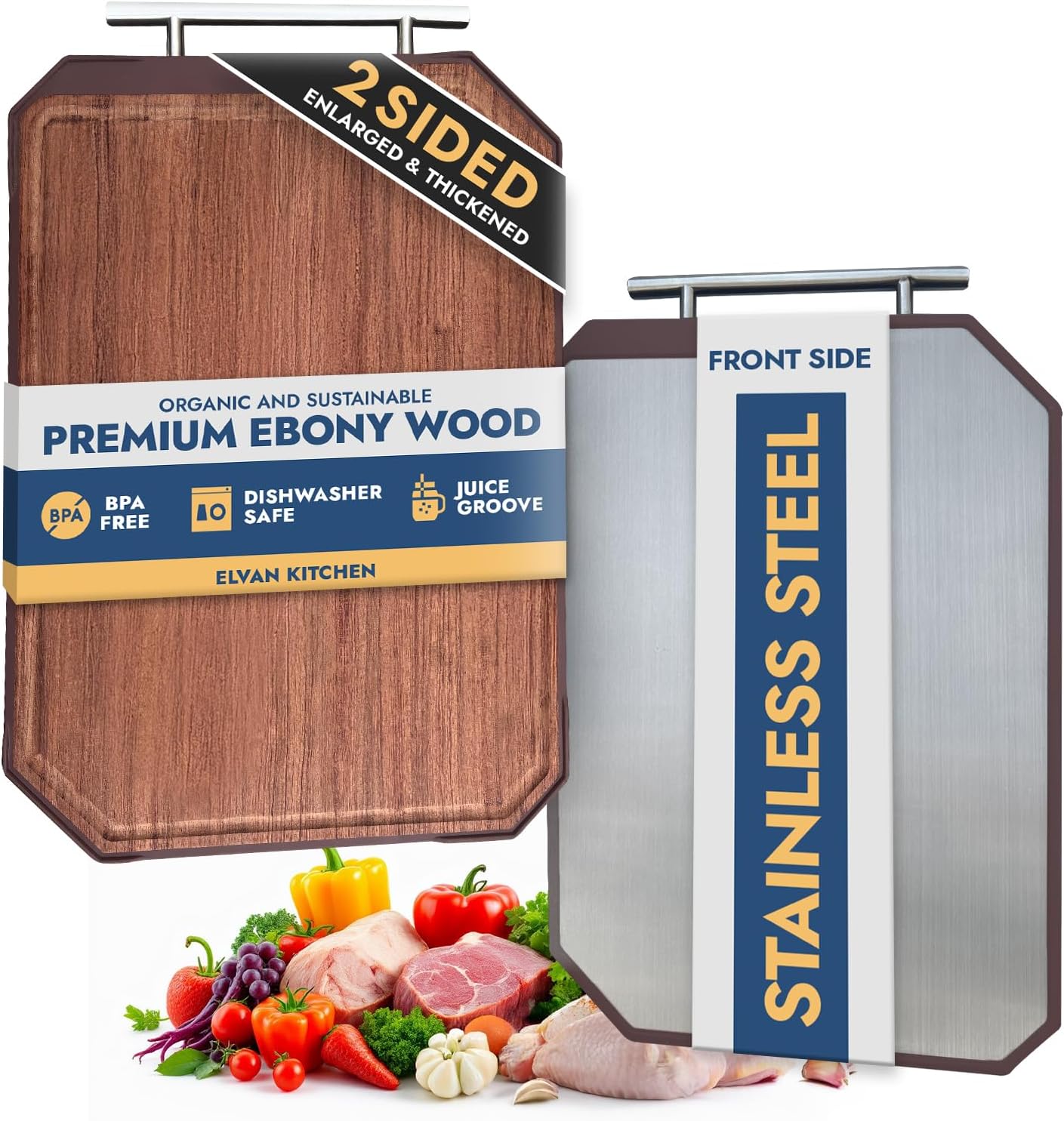 2-in-1 Wooden Cutting Board – 17.7"x11.8", Ebony & Stainless Steel – Double-Sided | Juice Groove | Handle for Hanging | Meat, Cheese, Veggies | BPA-Free & Dishwasher Safe