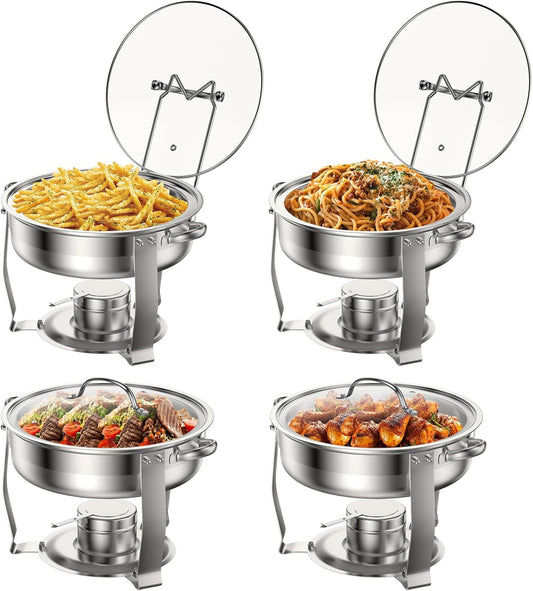4 Packs 3 QT Round Chafing Dish Buffet Set, Stainless Steel Chafing Dishes with Glass Lid & Holder, Food Warmer for Parties Weddings Banquets Events