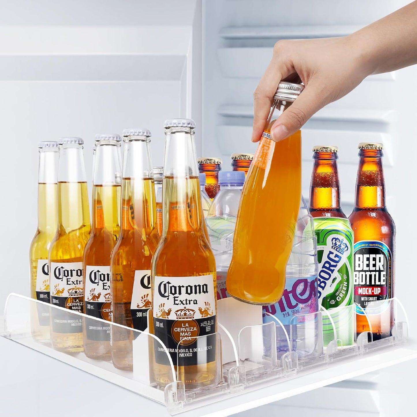 SOLY Drink Organizer for Fridge,Fridge Drink Dispenser for Fridge Automatic Pusher Glide,For Refrigerator Organizing Holds up to 14.96" D, Adjustable for 6-20oz