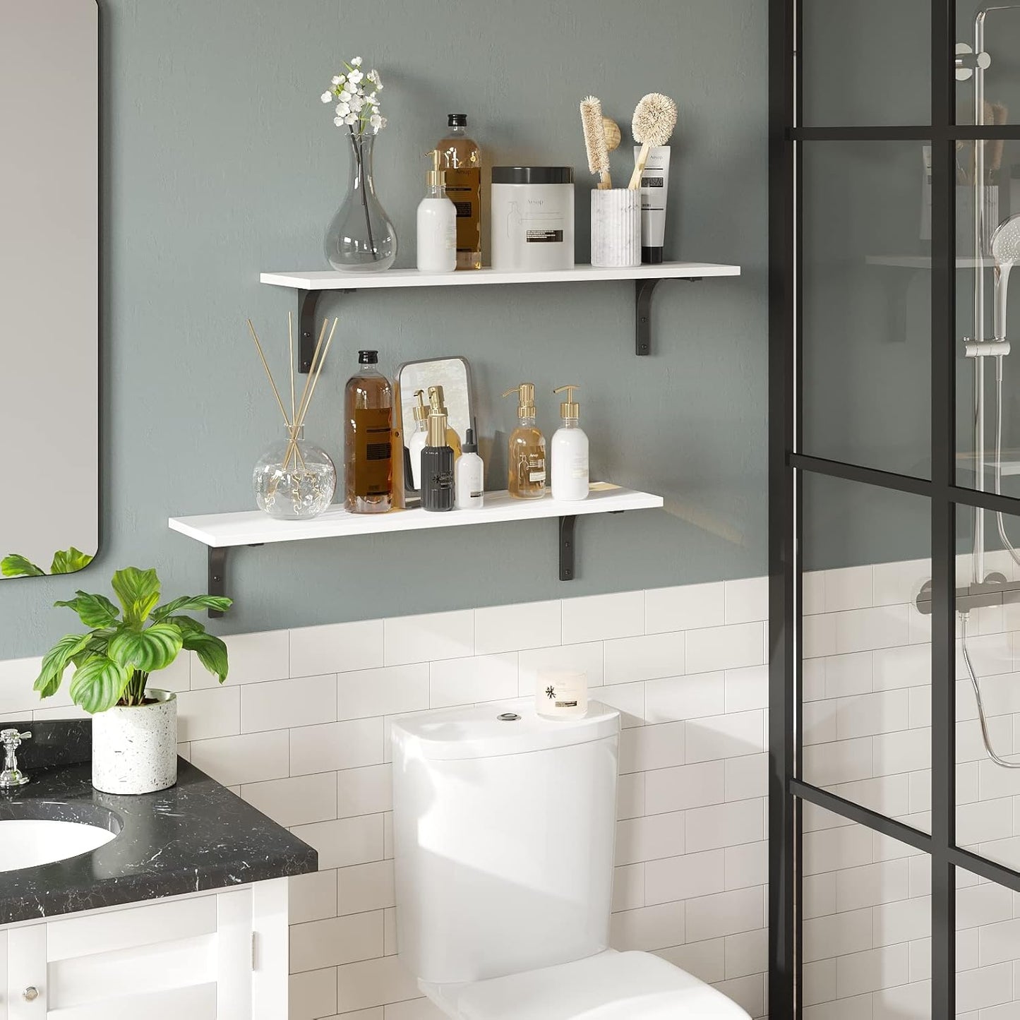 DINZI LVJ Long Wall Shelves, 23.6 Inch Wall Mounted Shelves Set of 2, Easy-to-Install, Wall Storage Ledges with Sturdy Metal Brackets for Living Room, Bathroom, Bedroom, Kitchen, White