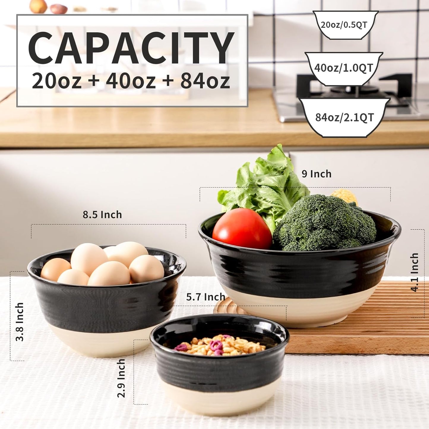 Hasense Porcelain Mixing Bowls for Kitchen, 84/40/20 Oz Large Salad Serving Bowls Set of 3, Unique Thanksgiving Bowls Set for Entertaining Cooking Baking Serving Food, Nesting Bowls, Black