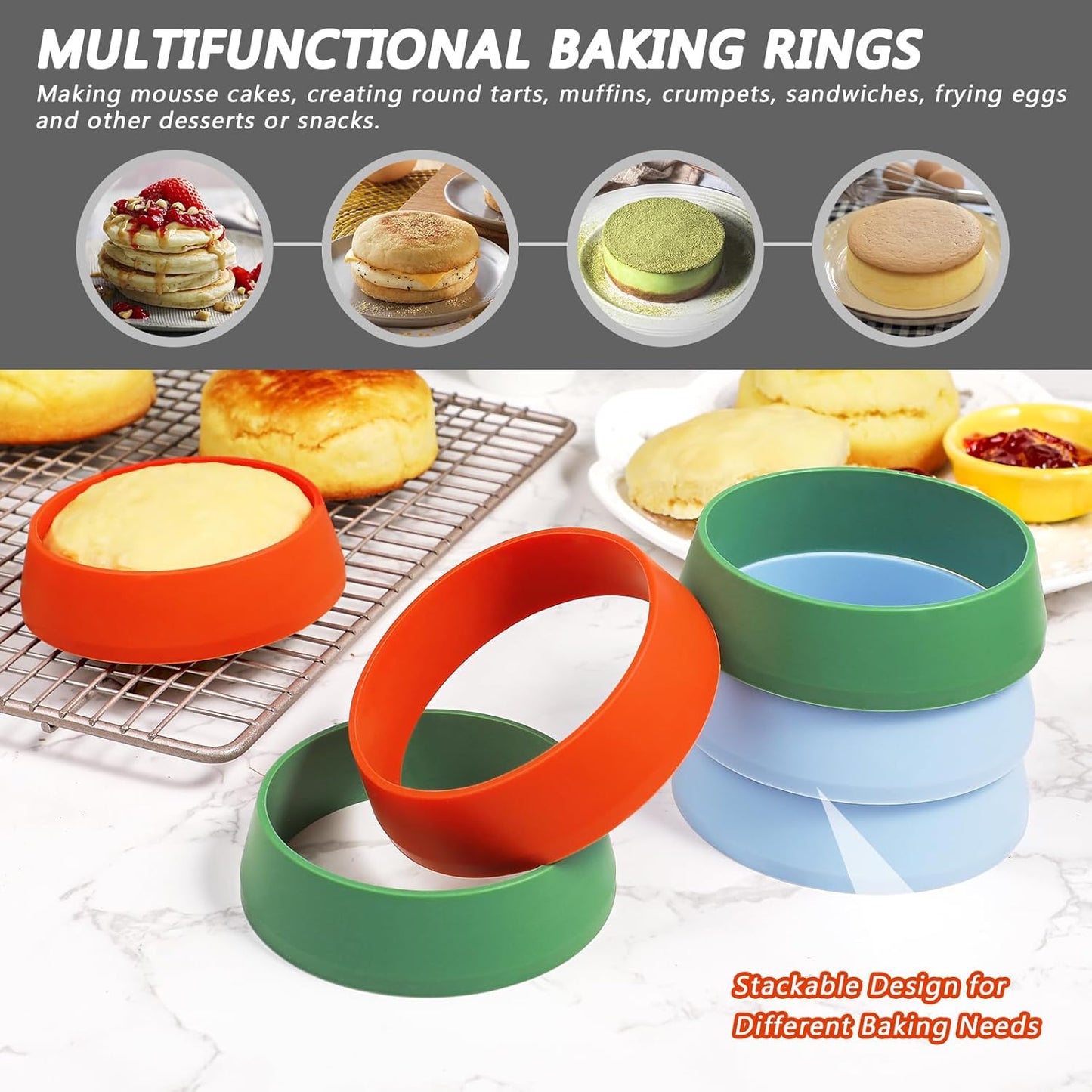 KOLUTI 6 Pack 3.15 Inch Nonstick Silicone English Muffin Rings, Durable Round Frying Egg Patty Omelette Cooker Mold, Circle Ring for Crumpet Pancake Pastry Cookie Baking, BPA Free and 3 Colors