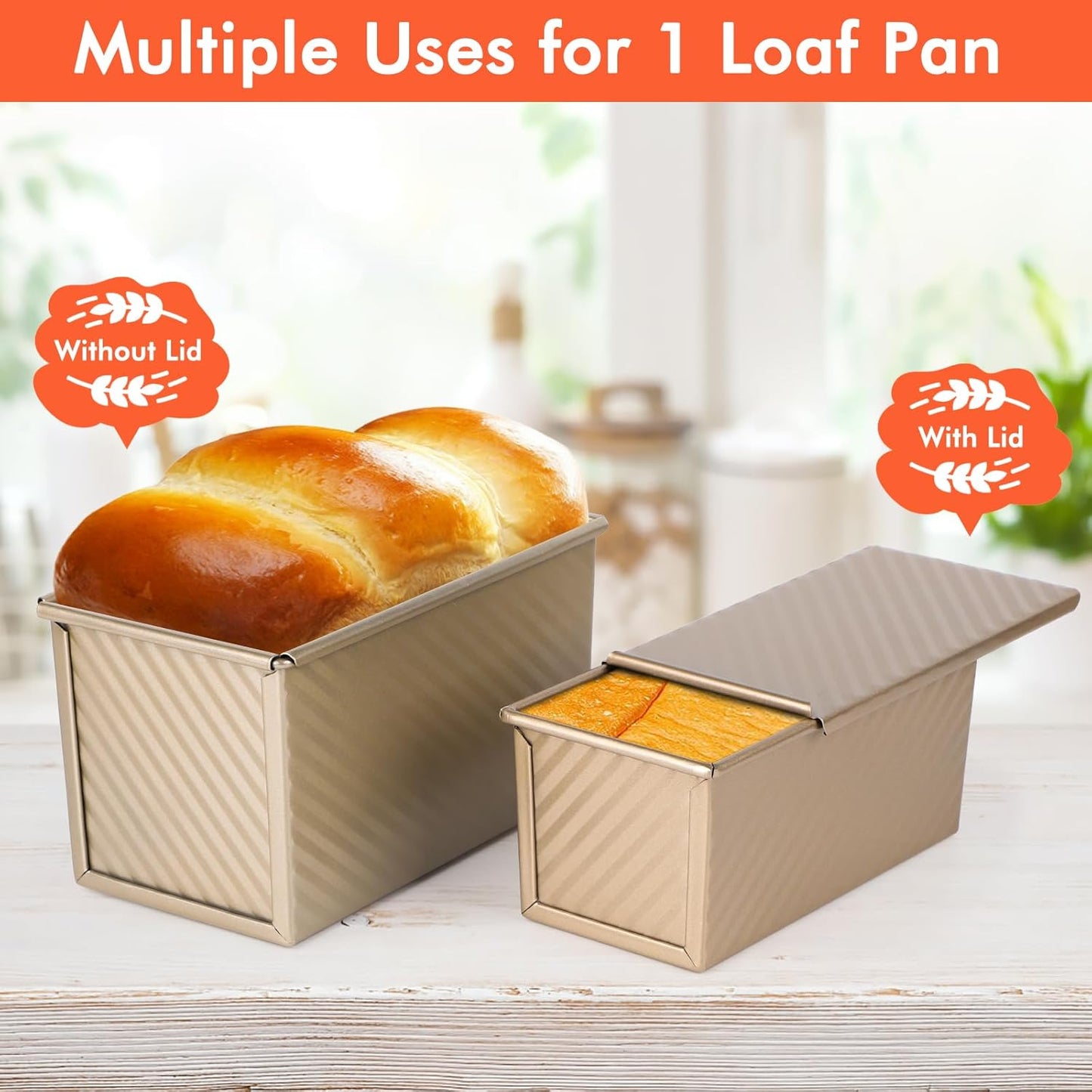 Beasea Pullman Loaf Pan with Lid, 2 Pack Non-Stick Bread Loaf Pans 1 lb & 0.5 lb Carbon Steel Bread Toast Box with Dough Scraper for Homemade Bread Toast Oven Baking - Gold