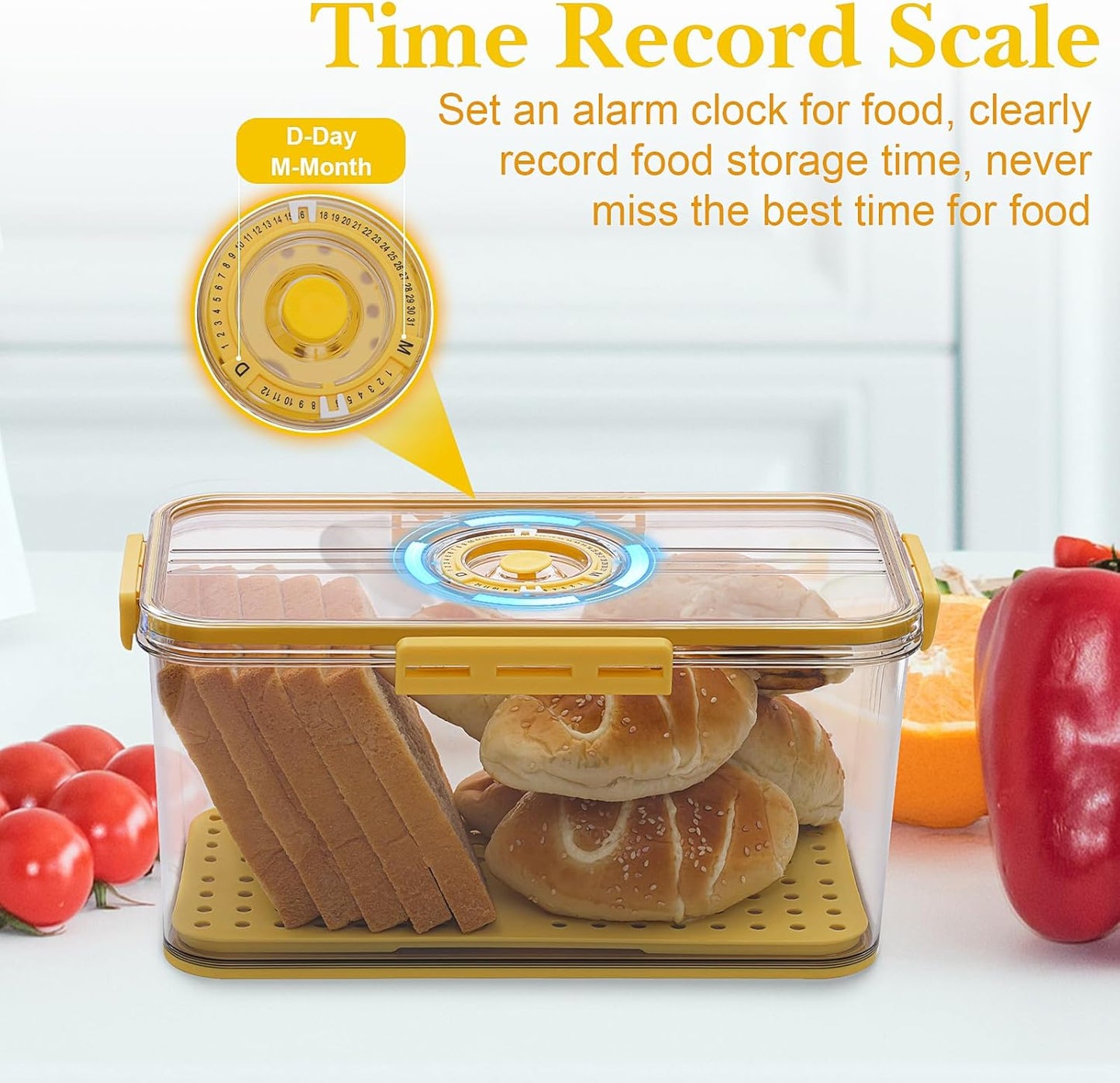 Bread Box for Homemade Bread Boxes for Kitchen Counter Airtight, Time Recording Bread Storage Container with Lid, Bread Containers Storage Airtight Loaf Bread Keeper, Large, Yellow