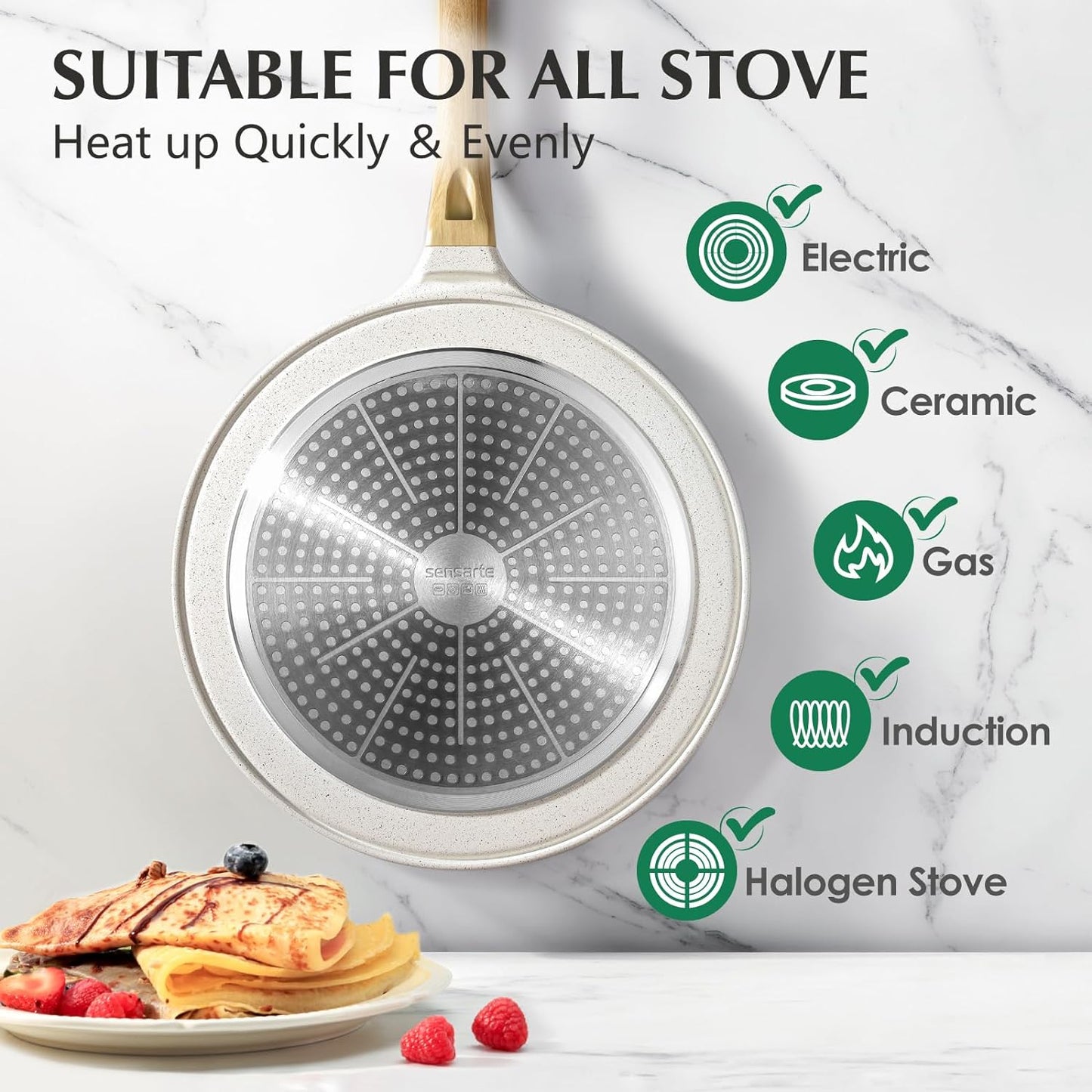 SENSARTE Nonstick Crepe Pan with Spreader, 10-Inch Natural Ceramic Coating Dosa Pan Pancake Flat Skillet Tawa Griddle with Stay-Cool Handle, Induction Compatible (White)