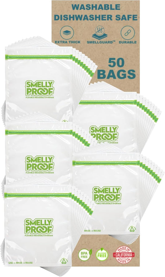 Smelly Proof 50pk Reusable Food Storage Bags - Made in USA, Dishwasher-Safe, BPA FREE, NO PEVA, Clear FLAT Large 3-mil Thick, 8.5" x 10"