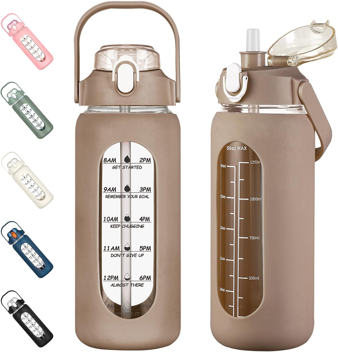 kytffu 56oz Glass Water Bottles with Straw, Motivational Glass Bottle with Silicone Sleeve and Time Marker, Leakproof Large Glass Water Jug for Gym Home Office,Amber