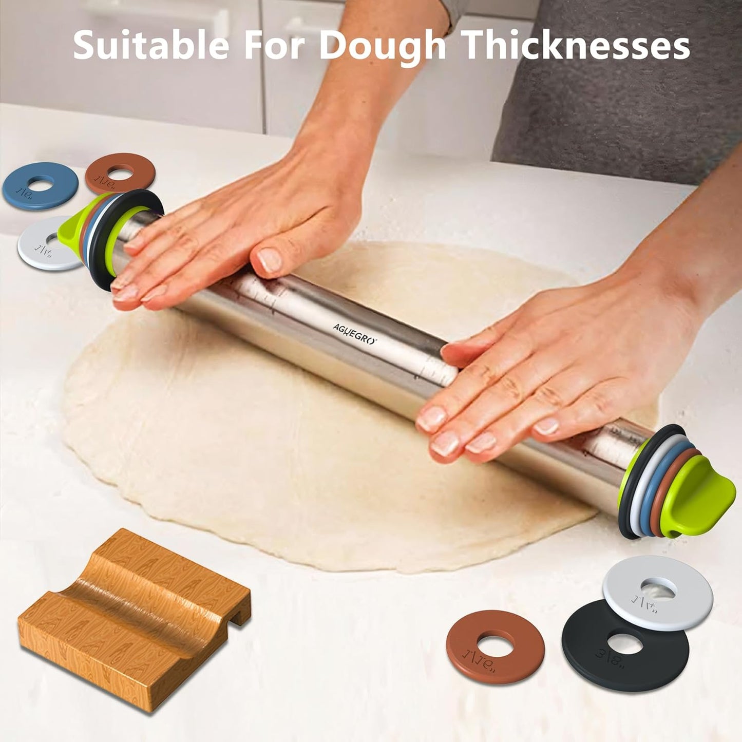 Stainless Steel Rolling Pin with Thickness Rings and Pastry Baking Mat for Baking, Fondant, Pizza, Pie, Cookies, Pastries, 13.6" Rolling Pin with 4 Multi-Color Thickness Rings and Wooden Stand