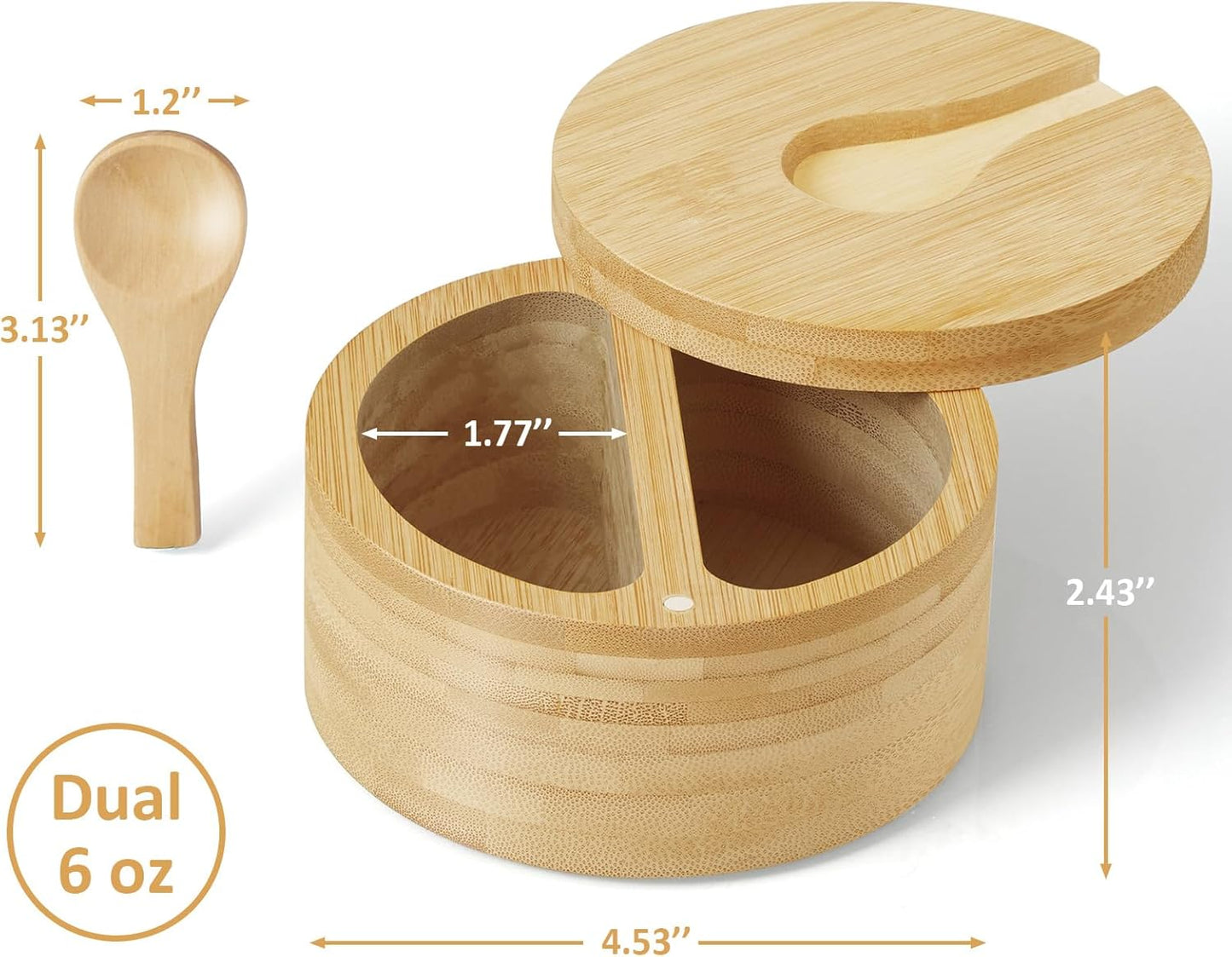 2-Compartment Salt Box with Lid and Spoon, Bamboo Salt Cellar with Swivel Lid, Salt and Pepper Bowls for Salt & Spices, Dual 6 oz Salt Container