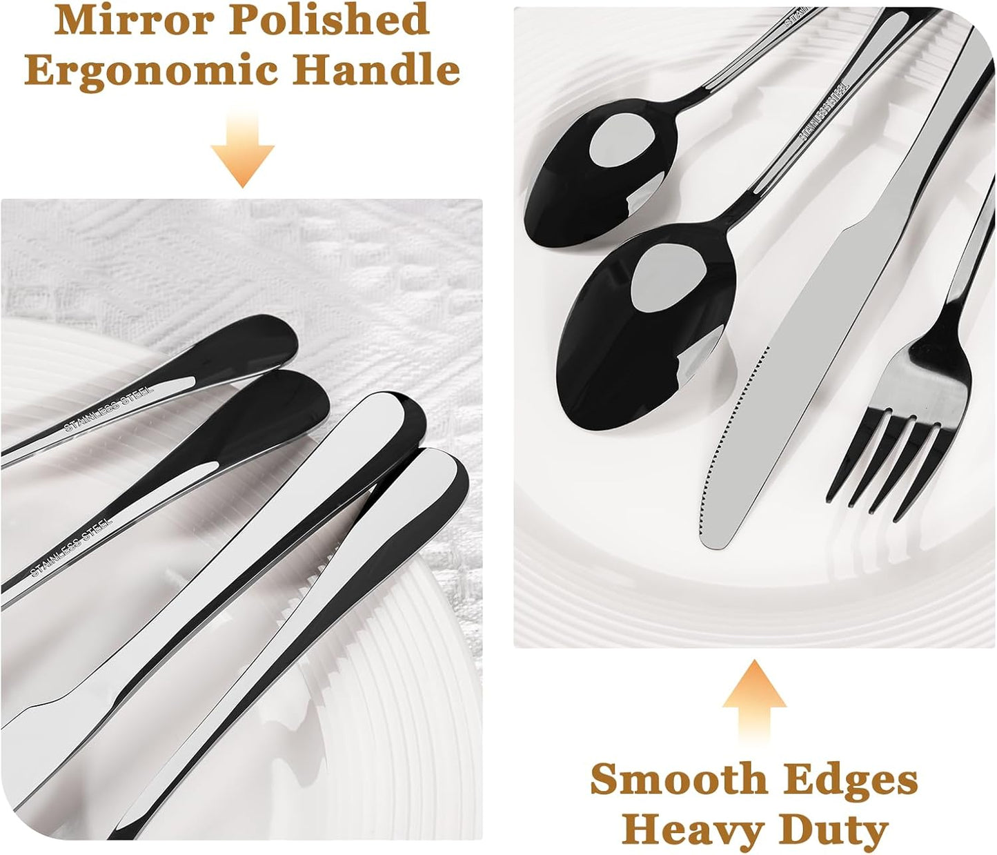 Astercook Silverware Set 48-Piece Black Flatware Set with Steak Knives Food-Grade Stainless Steel Cutlery Set for 8 Mirror Polished Utensils Set Include Spoons and Forks for Home Kitchen Restaurant