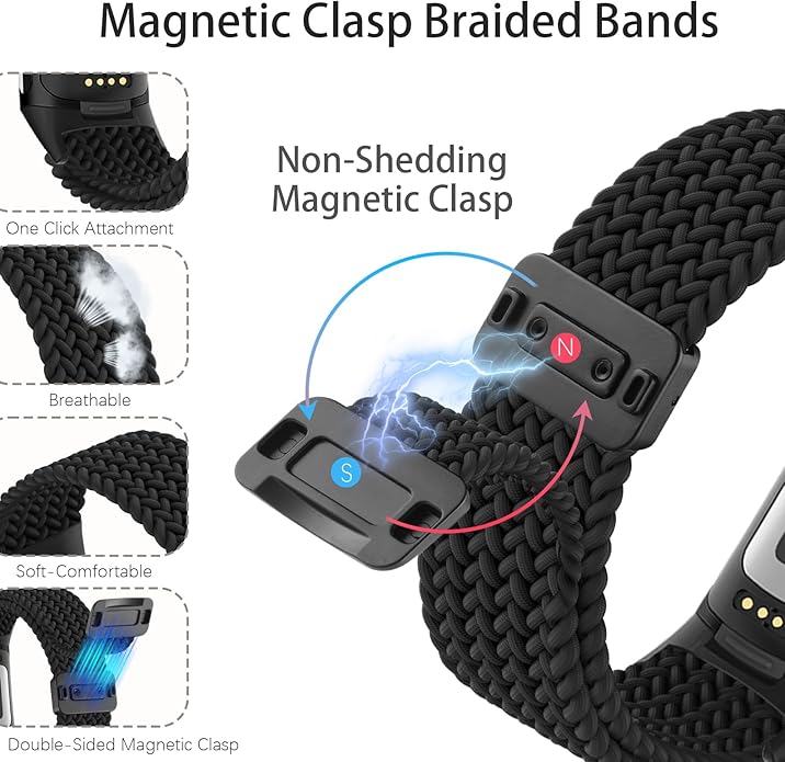 Magnetic Braided Nylon Compatible with Fitbit Charge 6 Bands/Fitbit Charge 5 Bands for Women Men, Soft Sport Stretchy Breathable Strap Replacement Wristband for Charge 6/Charge 5