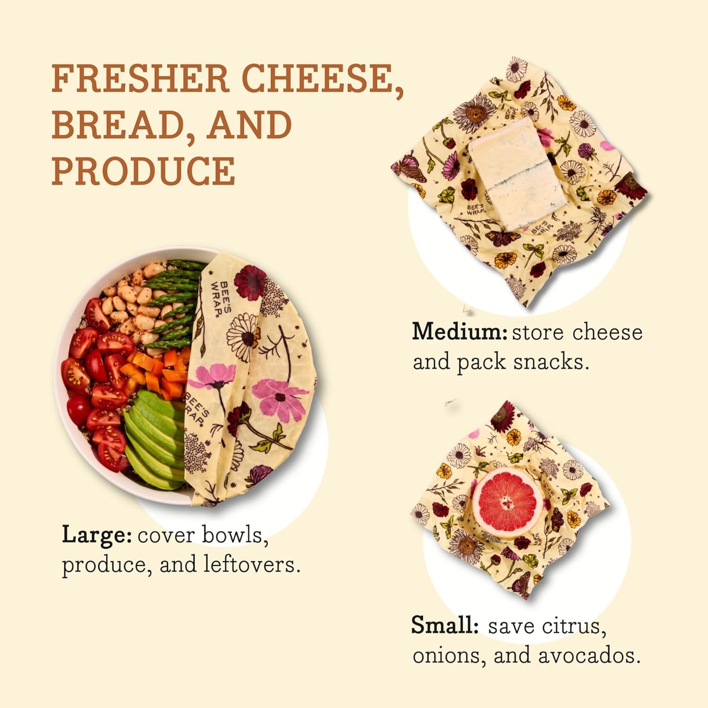 Bee's Wrap Vegan Beeswax Wraps for Food - Vegan Meadow Magic 3 Pack (S, M, L) Made in USA Reusable & Organic Food Wraps, Sandwich Wrap & Bowl Covers - Eco Alternative to Aluminum Foil & Plastic Wrap