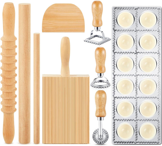 Tioncy 9 Pcs Pasta Making Tool Ravioli Gnocchi Maker Set Include Ravioli Mold Wooden Cutter Rolling Pin Gnocchi Board Wood Stick Dough Scraper Pasta Stamps(Simple Style)