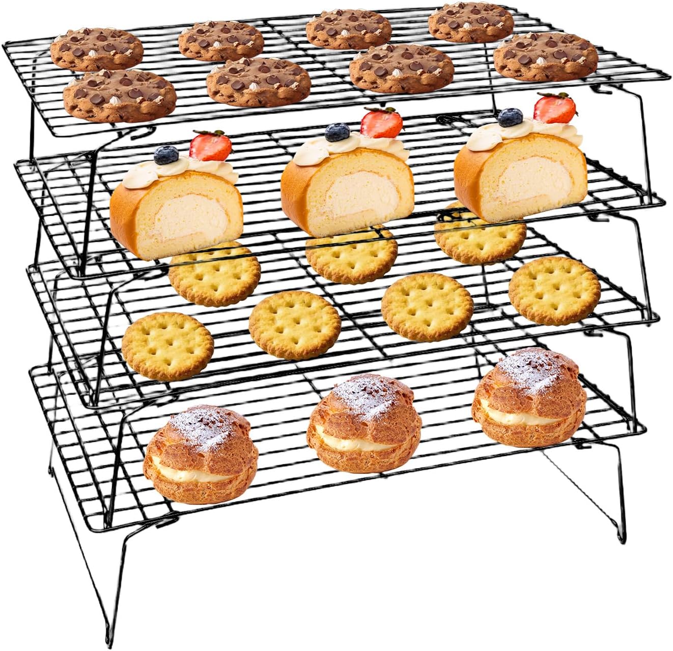ShellKingdom Cooling Racks, Stainless Steel Non-Stick Baking Racks And Oven Safe Wire Cool Racks for Cookies, Cakes and Baking, 4-Tier, Foldable