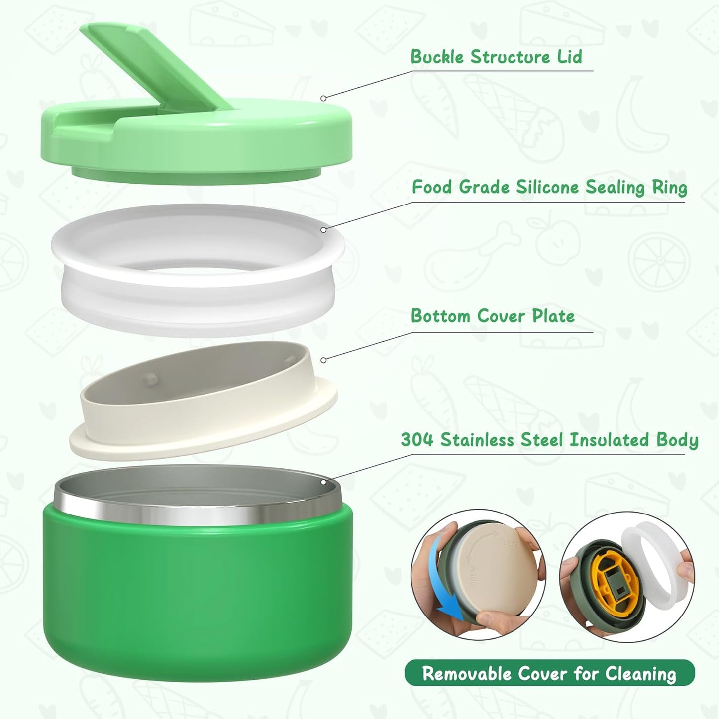 Bento Lunch Box with 8oz Soup Thermo, Leak-Proof Lunch Containers with 4 Compartment, Thermo Hot Food Jar and Insulated Lunch Box for School Green