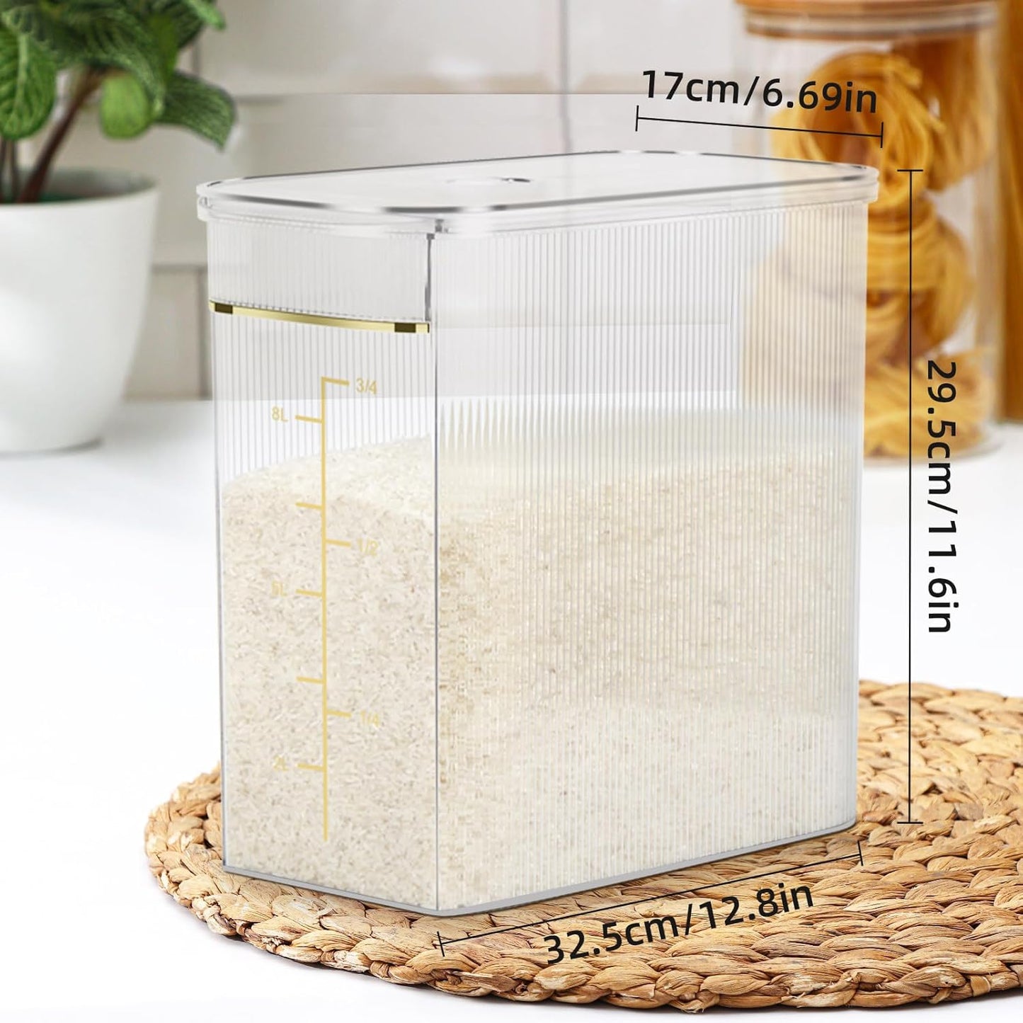 Rice Storage Container 15-20 Lbs, Tall & Narrow Food Storage Container with Measuring Scoop for Dry Goods Rice Flour Pet Food Bath Salt Storage, Clear Plastic Bin with Lid for Pantry Storage