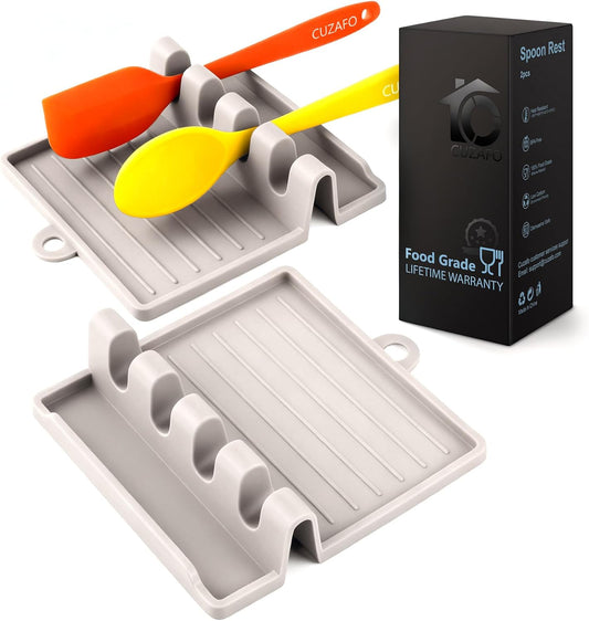 2-PACK 600°F Heat Resistant Silicone Spoon Rest, Multiple Utensil Rest, BPA Free Easy to Clean Dishwasher Safe, Khaki