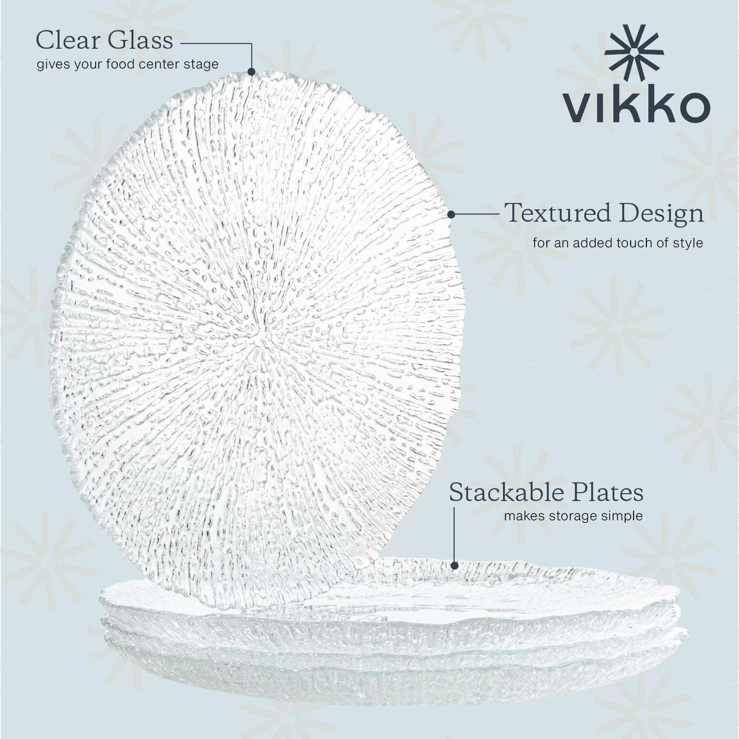Vikko Salad Plate, Set of 4 Glass Plates, 8.5 Inch Dessert, Salad, Appetizer Plate, Elegant Textured Glass Design, Stackable Plates, Dishwasher Safe