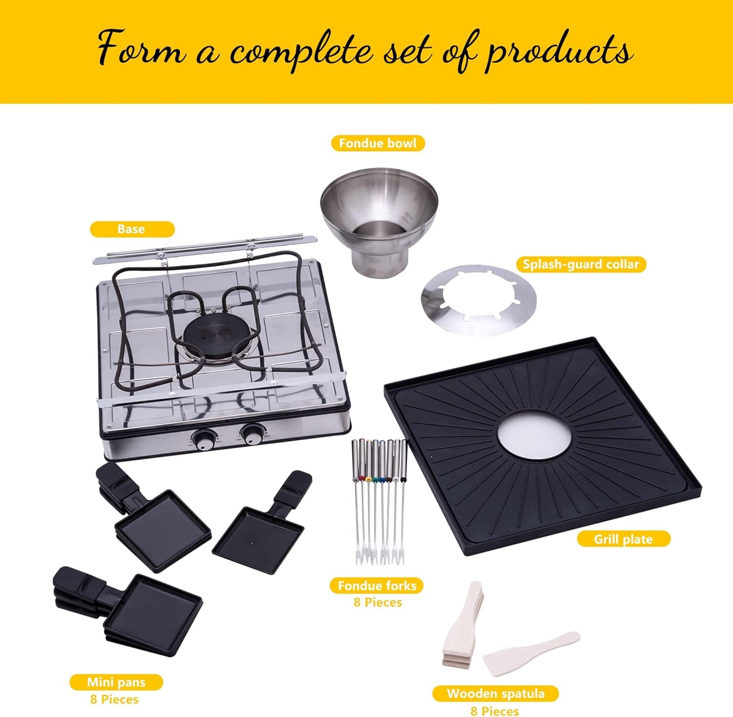 Electric Fondue Pot Set, 600ML Fondue Pot with Grill Plate, 8 Color-Coded Forks, 8 Non-Stick Pans, Dual Thermostat Fondue Grill Combo for Chocolate, Cheese, Grilling