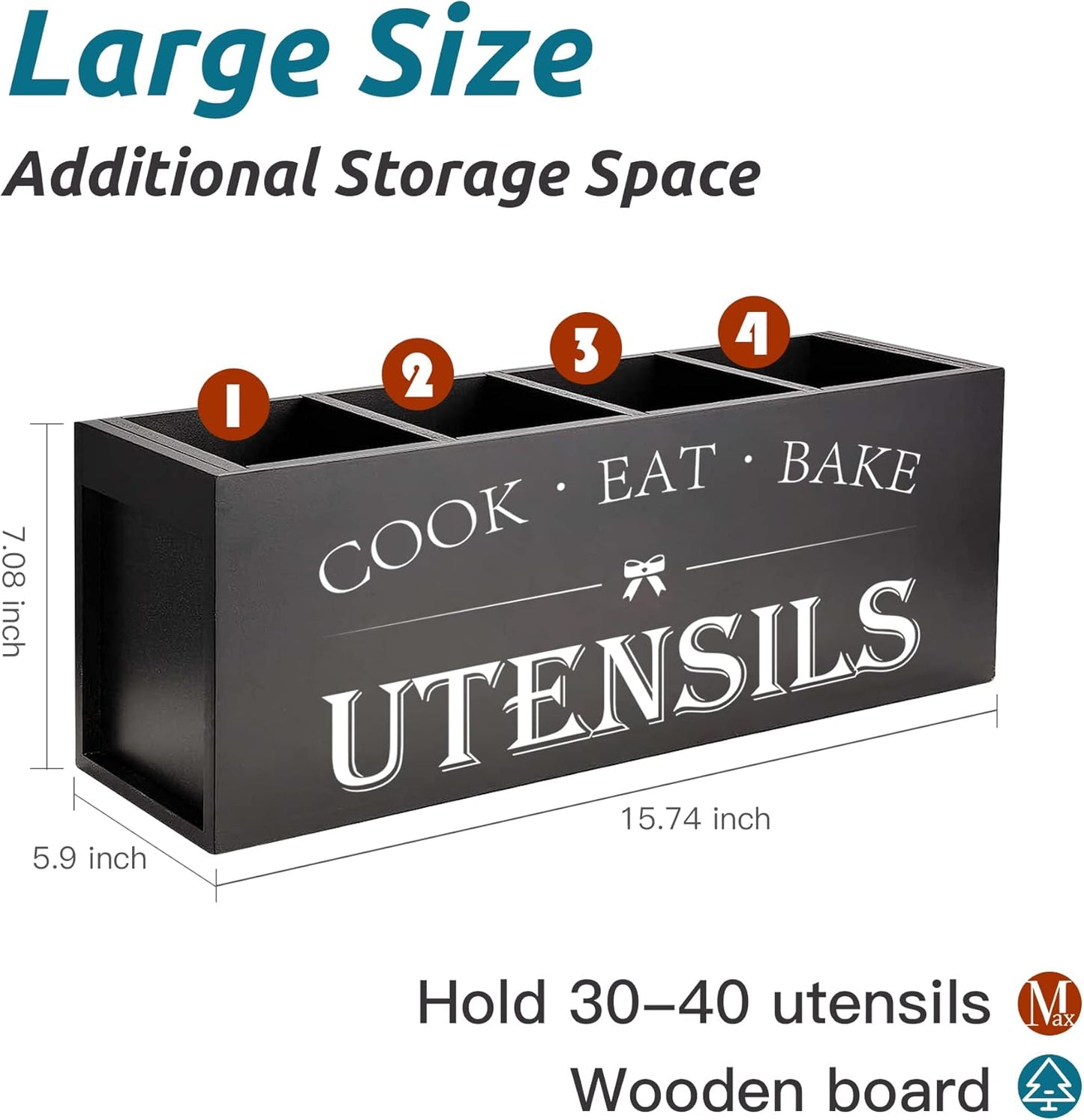 Suli Extra Large Kitchen Utensils Holder with 4 Compartments, Wooden Utensil Organizer for Kitchen Countertop, Farmhouse Kitchen Decor, Rustic Cooking Utensil - Black