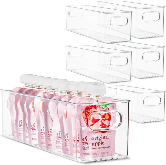 Plastic Food Storage 6 Pack Clear Container Bin with Handles for Organizing Kitchen, Pantry, Refrigerator, Freezer, Pantry, Cabinet, Closet, Bathroom. 14”x4”x4”