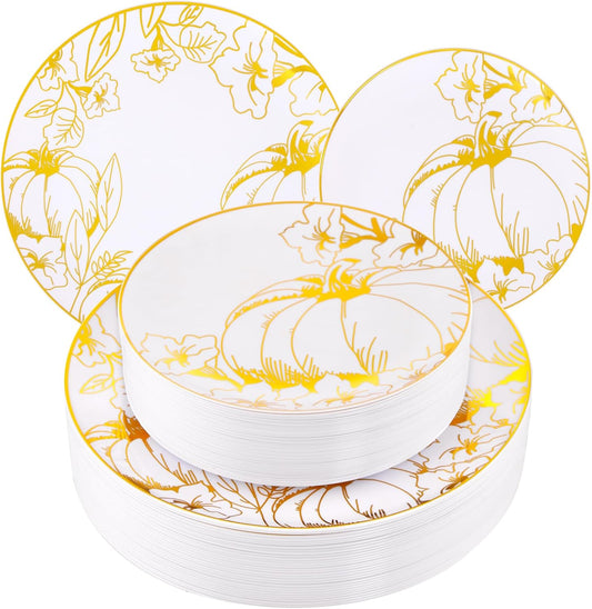 FLOWERCAT 60PCS Thanksgiving Plates & Gold Pumpkin Plates - Including 30PCS 10.25inch Thanksgiving Dinner Plates and 30PCS 7.5inch Thanksgiving Dessert Plates for Giving Thanks Theme Party