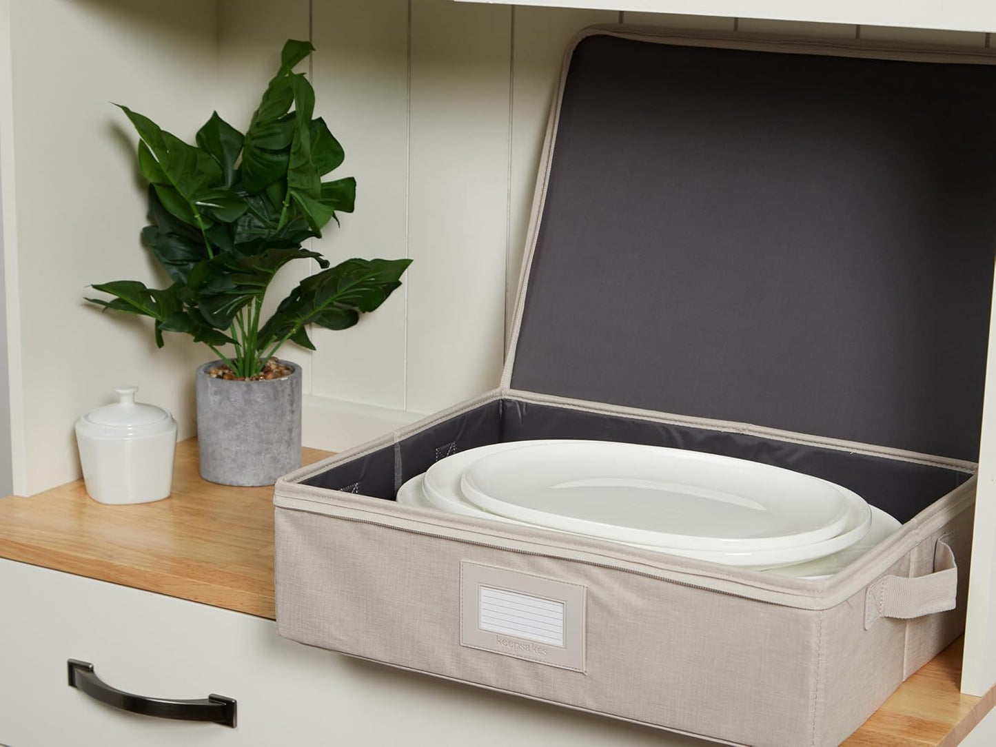 Covermates Keepsakes Dish Storage Box - Stackable, Reinforced Handles, China Storage, Beige Heather