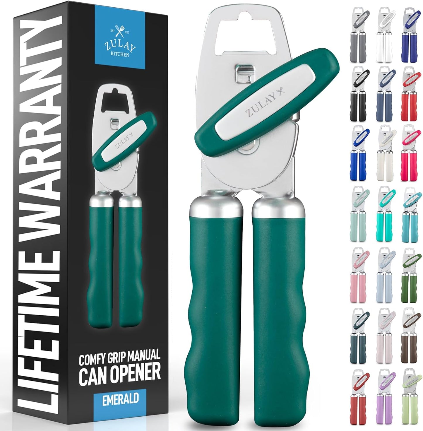 Zulay Kitchen Heavy Duty Stainless Steel Can Opener Manual with Bottle Opener - Rust Proof Manual Can Opener With Turn Knob & Comfy Soft Grip Handles - Emerald