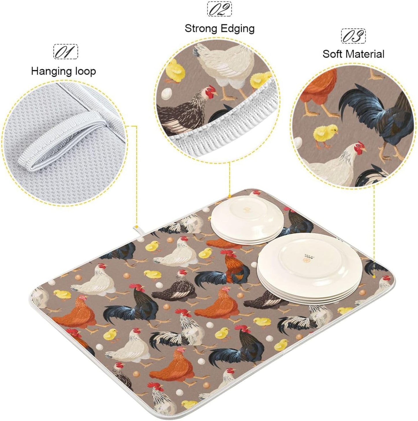 Hens Roosters Chicken Dish Drying Mat for Kitchen Counter Absorbent Microfiber Drying Pad, Medium 16x18 in, Reversible Drainer Mats