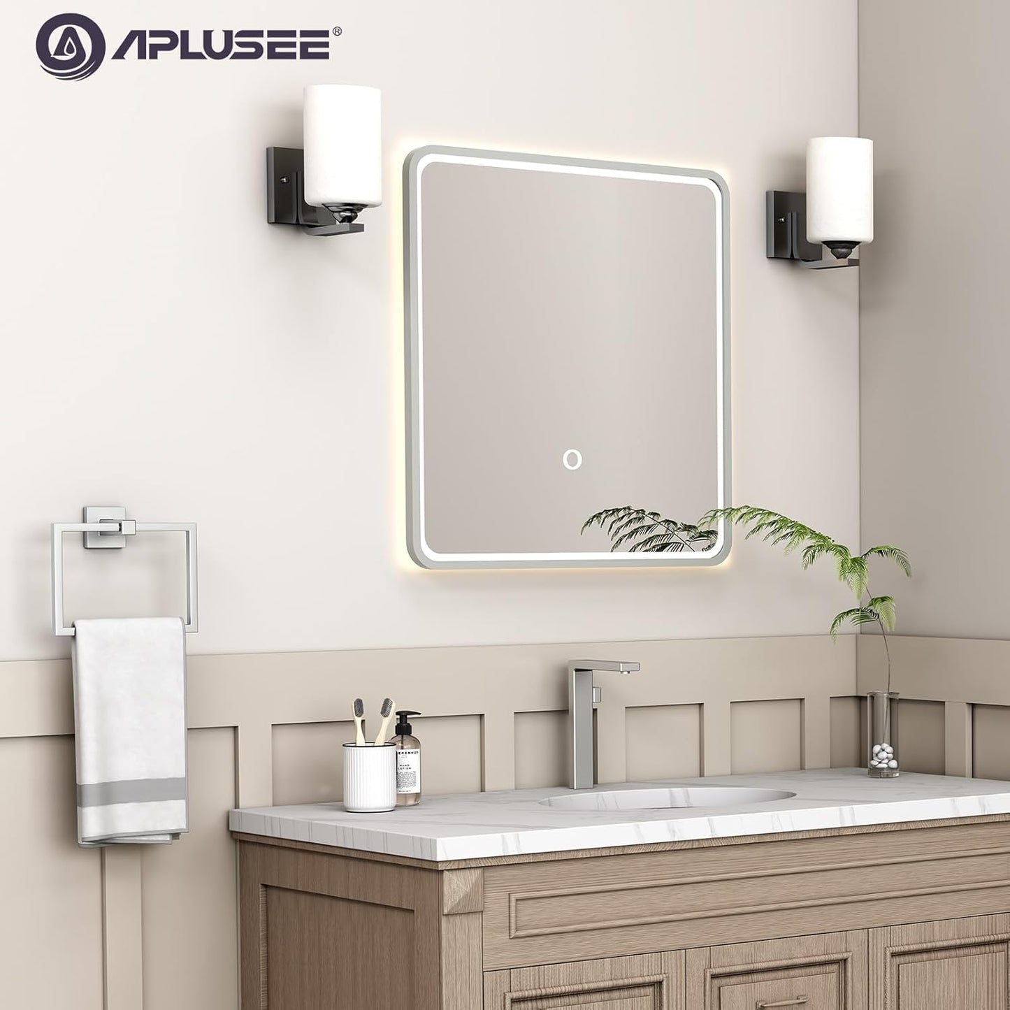 APLusee Brushed Nickel Towel Ring, 304 Stainless Steel Square Bathroom Towel Holder, Wall Mounted