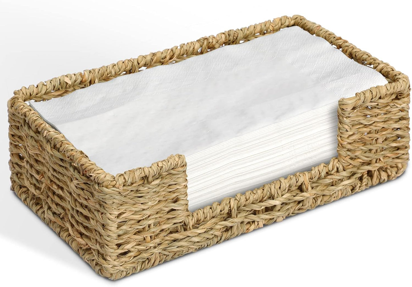 Bathroom Disposable Guest Towel Napkin Holder Long Seagrass Woven Rattan Wicker Table Dinner Paper Hand Guest Towel Napkin Basket Tray Caddy for Kitchen