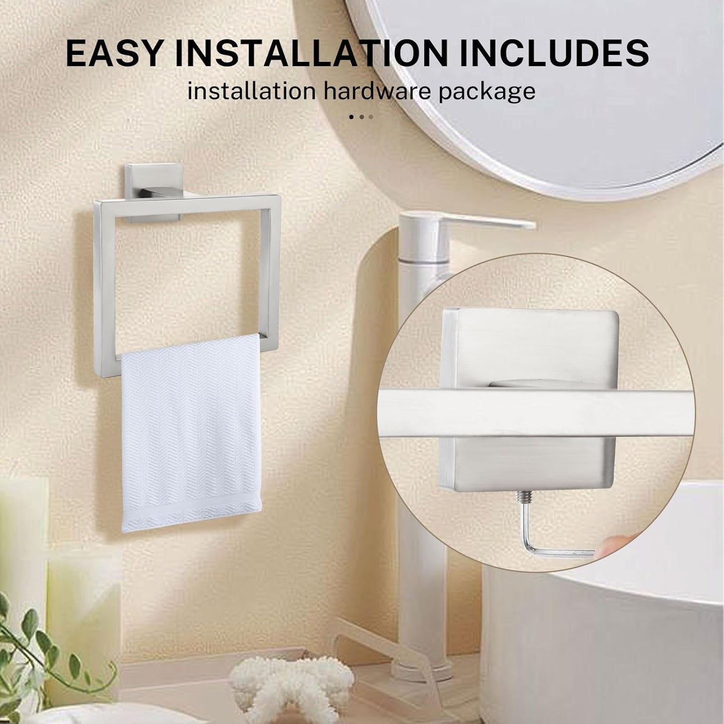 2-Piece Brushed Nickel Square Towel Ring,Modern Hand Towel Holder for Bathroom,SUS304 Stainless Steel Towel Hangers Wall-Mounted