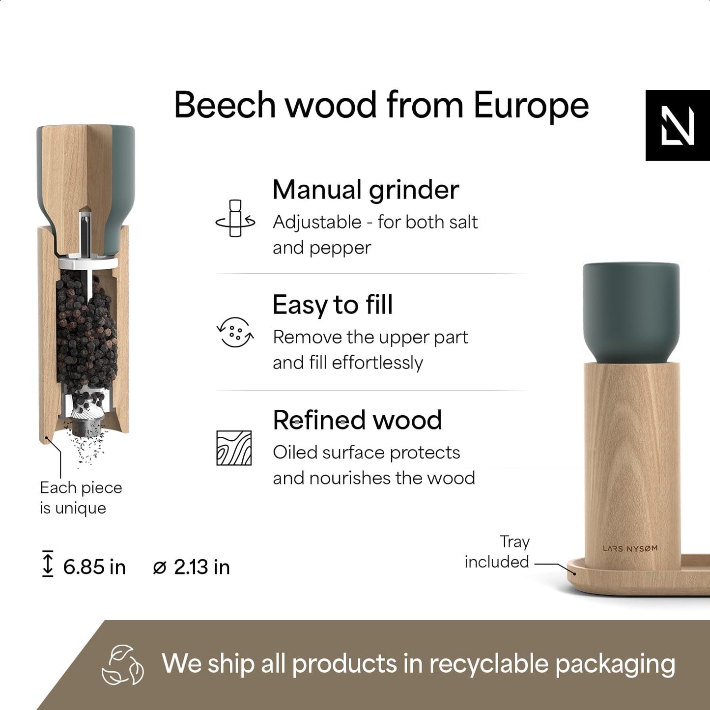 LARS NYSØM Wooden Salt and Pepper Grinder Set Manual with Tray - Salt and Pepper Mills with Adjustable Ceramic Grinder - Elegant Beechwood Pepper and Salt Mill Set for Dining Table (Stone Blue)