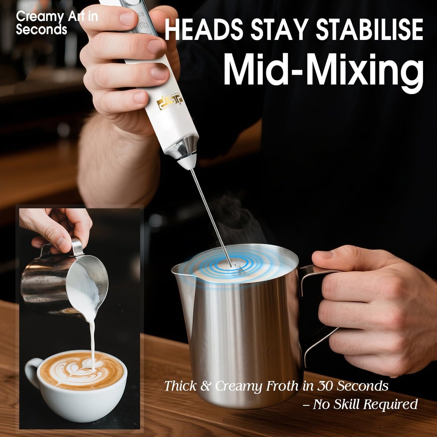 DSP Handheld Milk Frother Rechargeable, Electric Whisk for Coffee, 2 Stirring Rods 3 Speed Adjustable, Low Noise Drink Whisk for Lattes, Matcha, Hot Chocolate, Egg (Blizzard White)