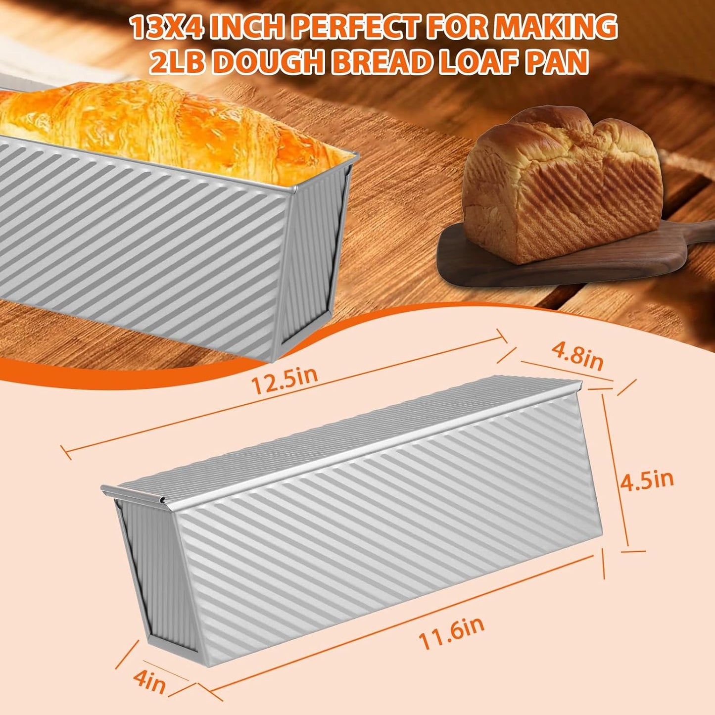 Non-Stick Pullman Loaf Pan with Lid 13x4 Inch - 2.2lb Carbon Steel Bread Baking Pan with 4 Vent Holes, Heavy Duty Sourdough Loaf Pan with Cover for Homemade Sandwich Bread (Silver)
