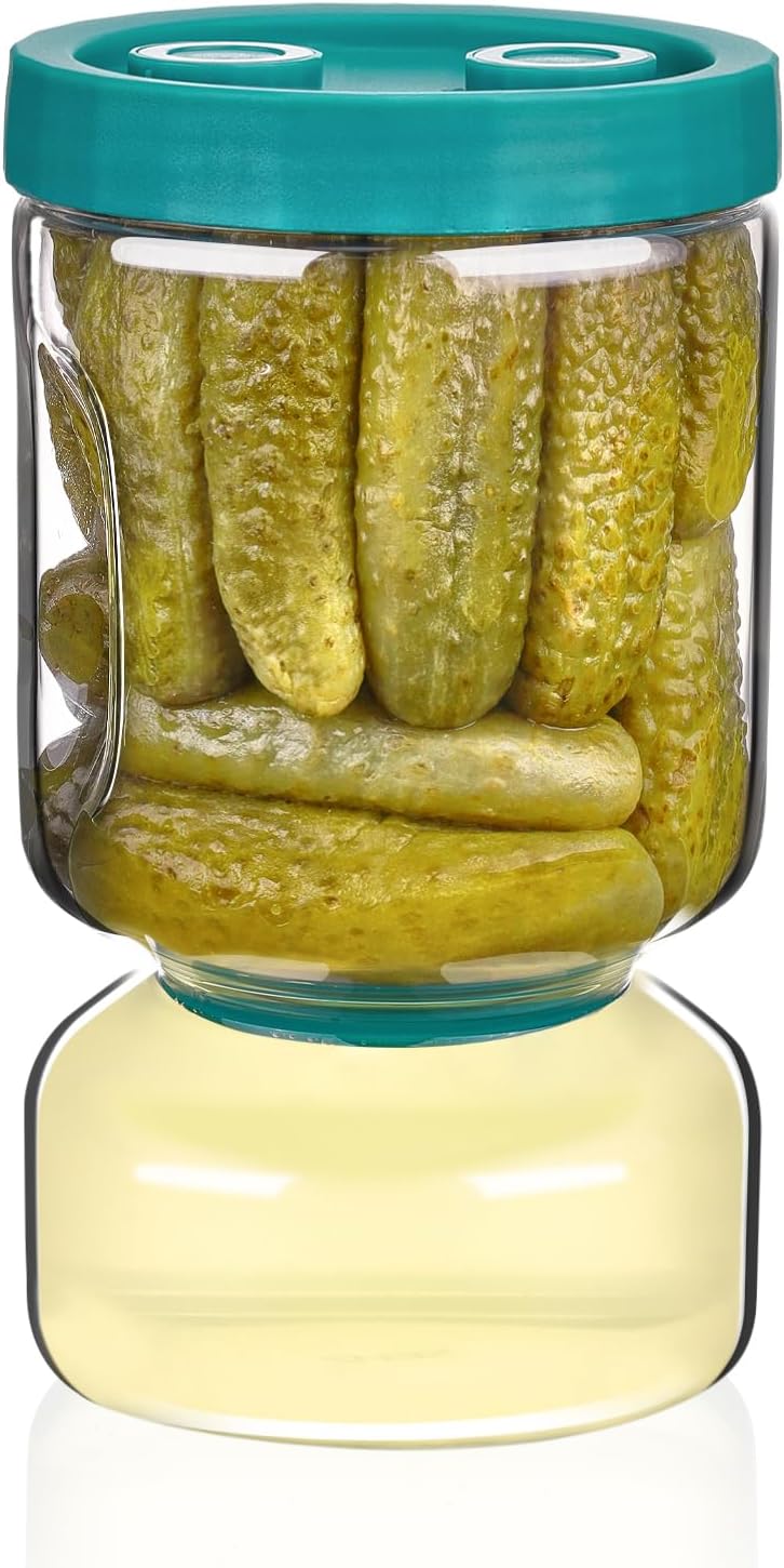 ZENS Pickle Jar with Strainer Flip, 51oz Pickle Container Pickle Juice Separator Teal Hourglass Jar for Olive Keeper, Leakproof Pickle Holder Jars for Pickling Dill Sliced Storage, Gifts for Mom