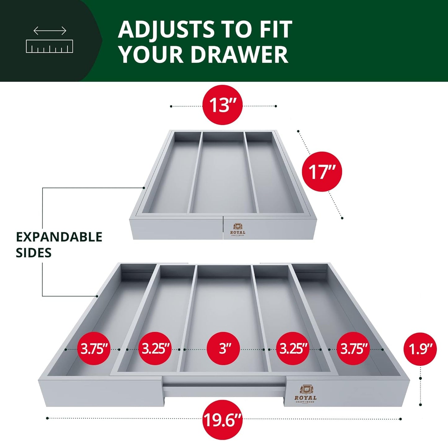 ROYAL CRAFT WOOD Luxury Bamboo Kitchen Drawer Organizer - Silverware Organizer - Utensil Holder and Cutlery Tray with Grooved Drawer Dividers for Flatware and Kitchen Utensils (5 Slot, Gray)