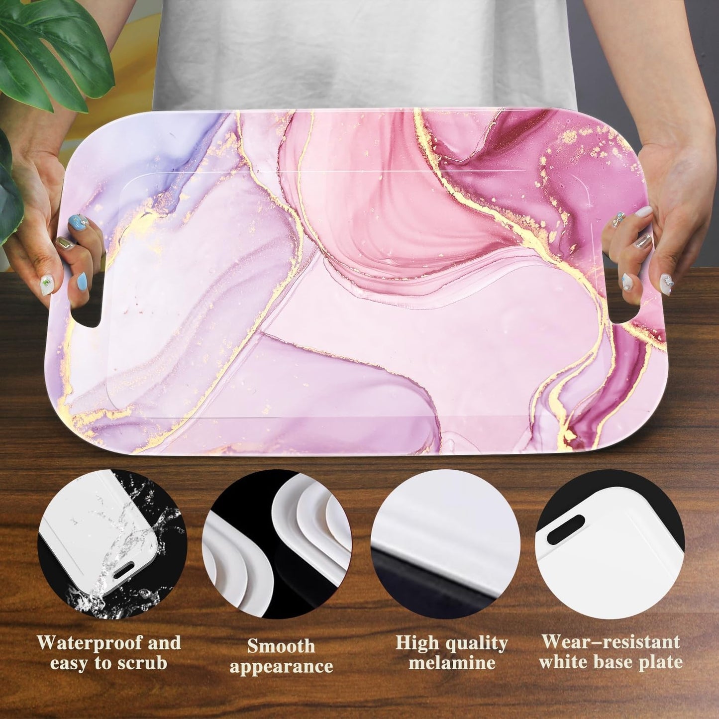 Serving Trays with Handles, 14.5 x 9.8 inch Rectangular Plastic Tray for Restaurant, Kitchen, Painting of Pink and Gold Marble