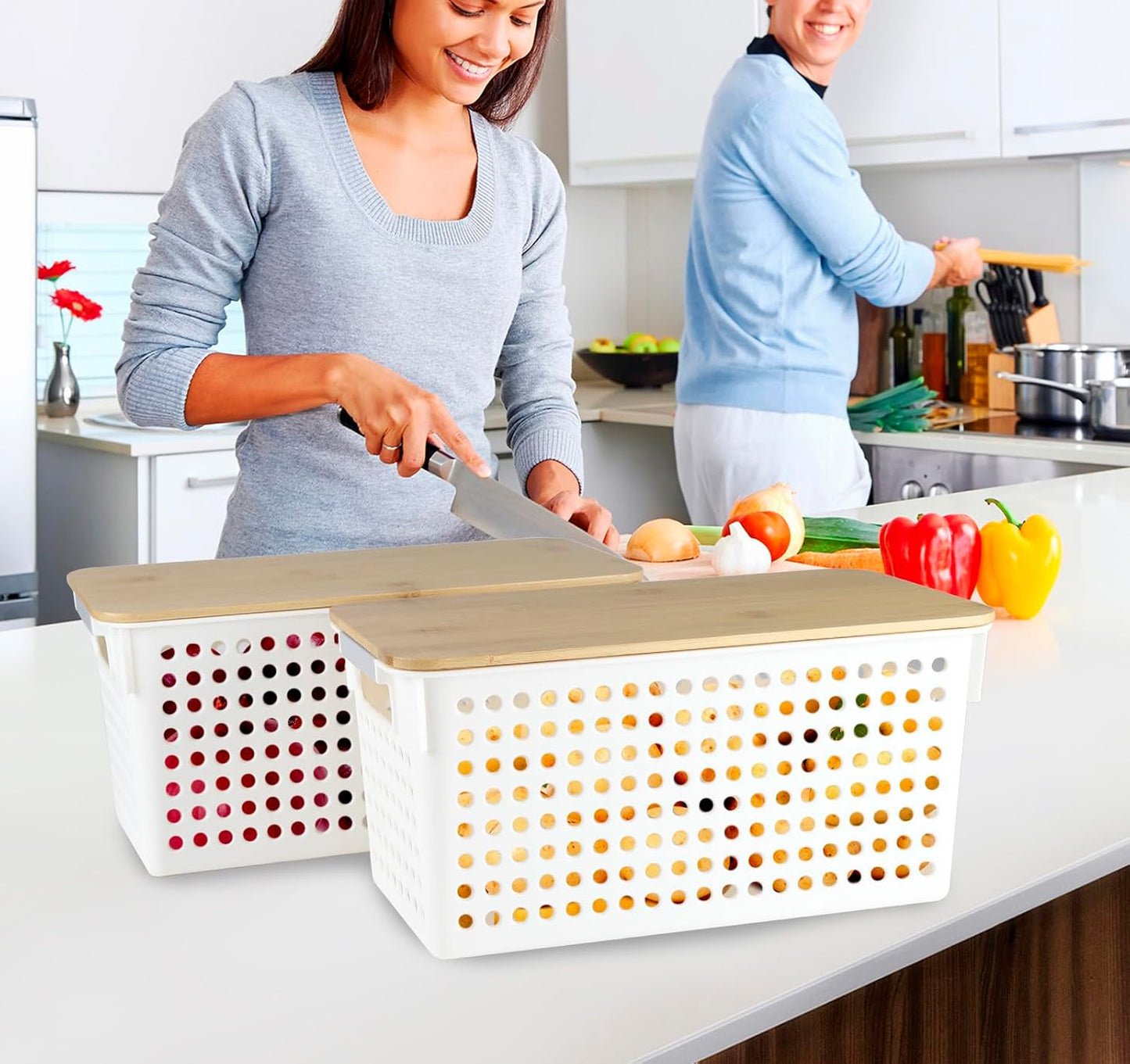 2 Set Pantry Organizer and Storage, Plastic Potato and Onion Storage with Wooden Lid, Stackable Potato Storage Onion Holder, Kitchen Pantry Baskets for Onion Potato Fruit Produce Vegetable