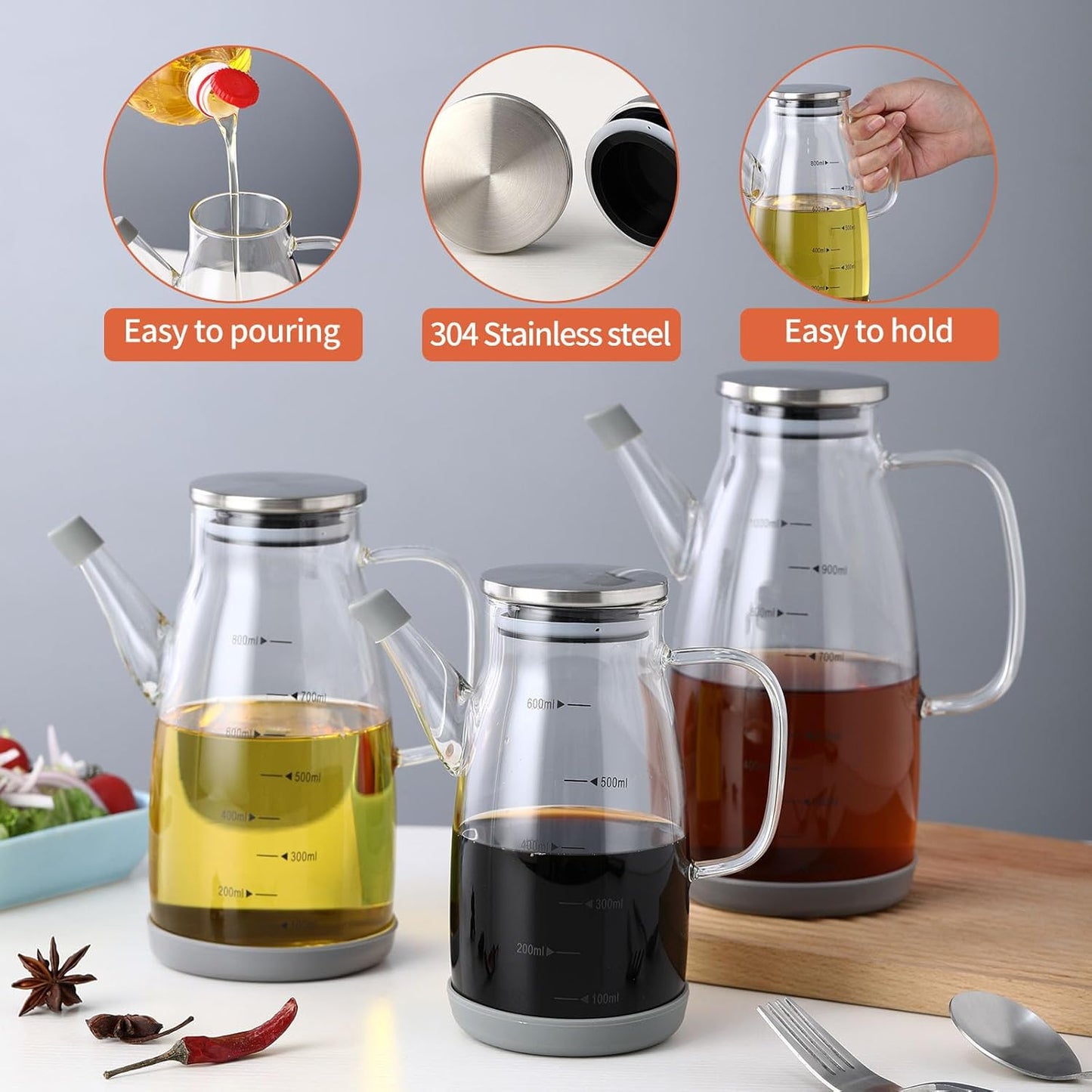 Large Glass Oil Dispenser Bottle for Kitchen Cooking Recipiente Para Aceite De Cocina Olive Oil Vinegar Dispenser Cruet Stainless Steel Lid No Drip Liquid Container (Clear, 34oz /1000ml)