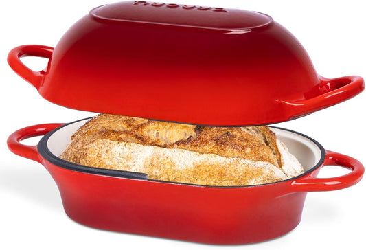 Dutch Oven For Sourdough Bread Baking – Enamelled Cast Iron Bread Loaf Pot – Oven Safe Non Stick Bread Pot – Rectangular, Red, 24cm x 16cm – by Nuovva