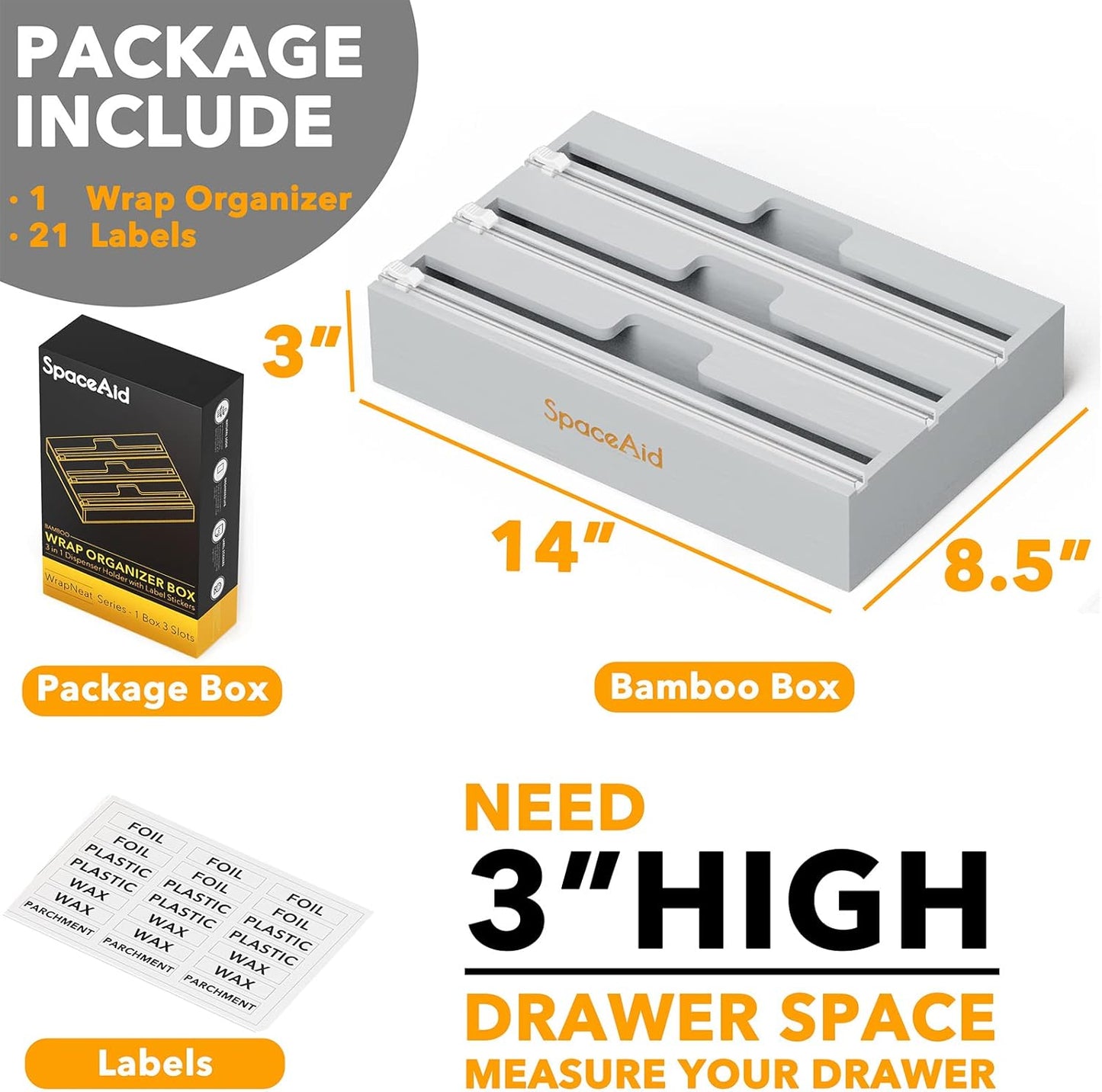 SpaceAid WrapNeat 3 in 1 Wrap Organizer with Cutter and Labels, Plastic Wrap, Aluminum Foil and Wax Bamboo Dispenser for Kitchen Storage Organization Holder for 12" Roll (Gray)