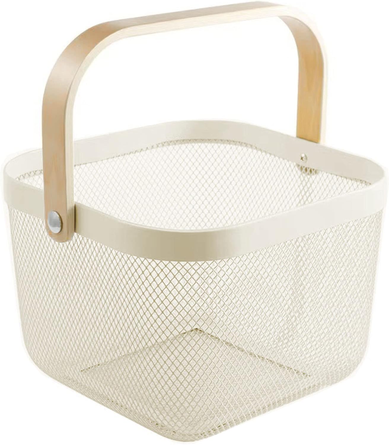 Metal Mesh Steel Basket, Storage Organizer Basket Multi-functional Hanging Kitchen Baskets Fruit Basket Bin with Bamboo Handle for Kitchen Bathroom Picnic Shopping Decor Cabinet Home, Beige